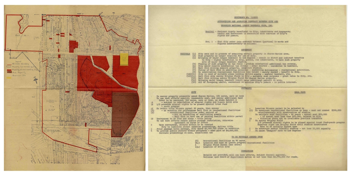Original 1957 Ordinance & Map Approving the Dodgers Move to Los Angles & the Transfer of Land in Chavez Ravine to Build Dodgers Stadium -- From the Dodgers Archives